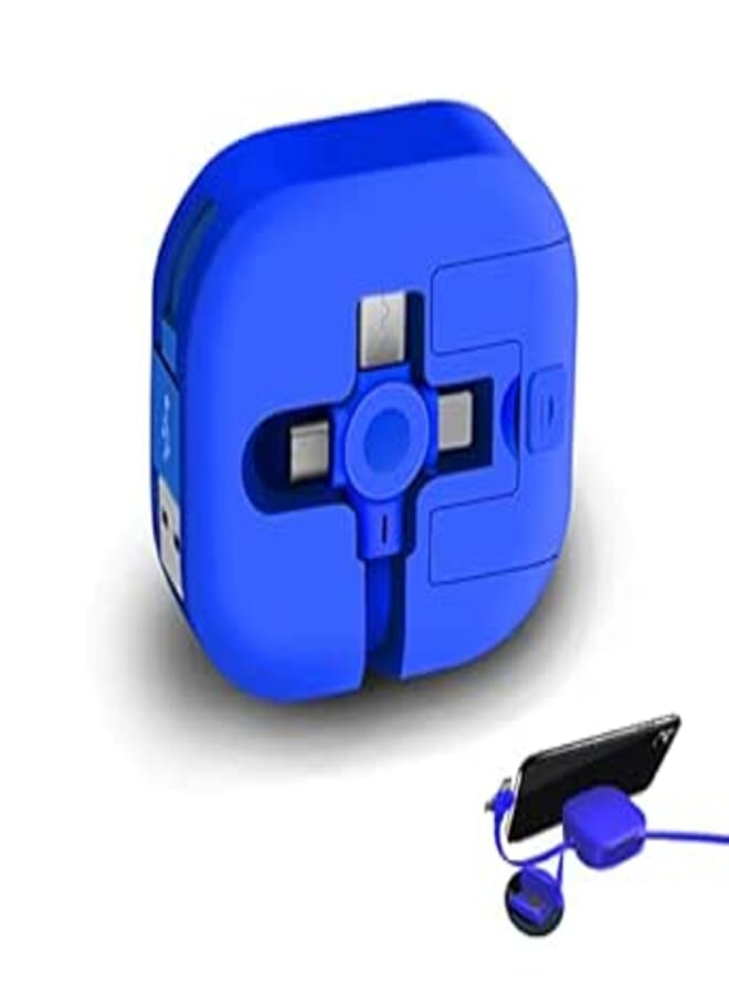Single Pull 3 in 1 Charging Cable Roll, 3.28FT Retractable, Fast Data Transmission, Phone Holder, for IP/Type-C/Micro-USB Compatible Cell Phones Tablets Android Samsung LG (Blue)
